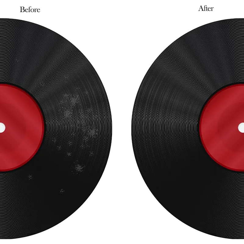 Same record photographed before and after a pass with the velvet block, dust visible on the left half