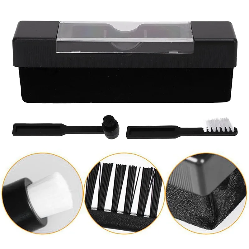 Macro views of the set including the round black bristle head of the stylus brush and the white nylon bristles of the detail brush