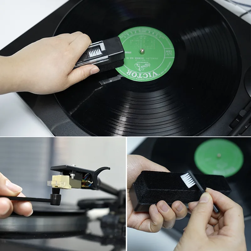 Hand sweeping the velvet block along the groove of a record on a turntable