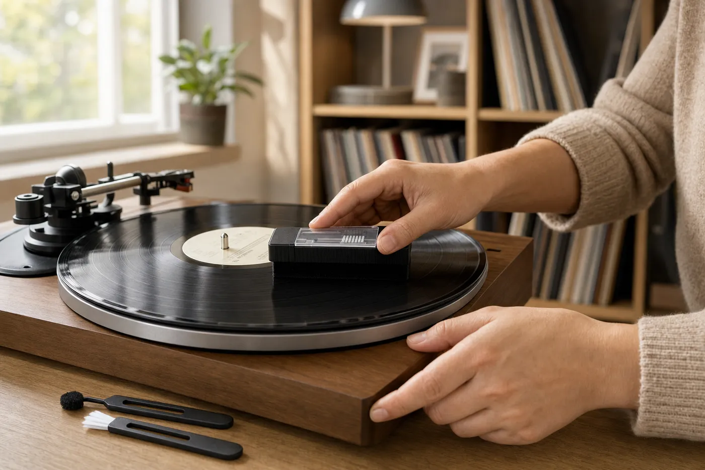 A turntable and record shelf in a home listening room