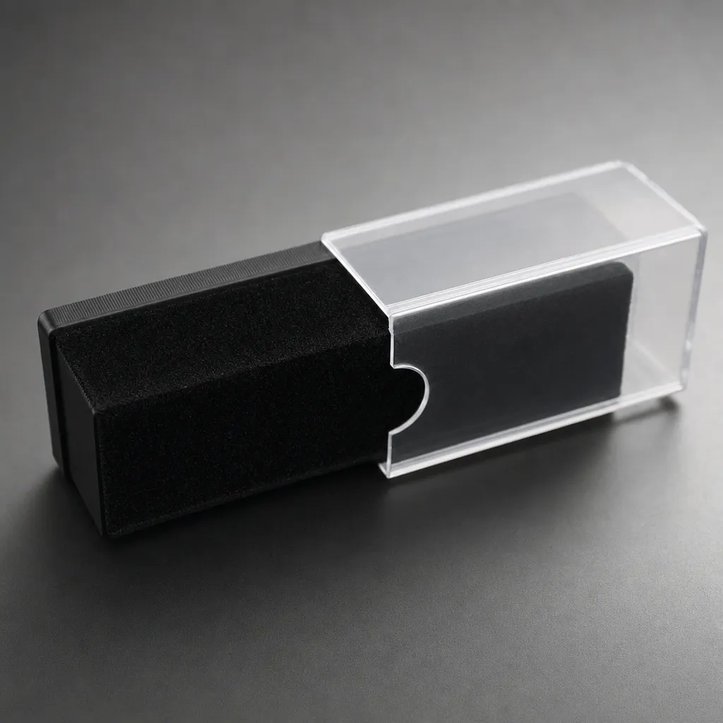 The transparent cover sliding onto the top of the velvet block to close over the velvet face