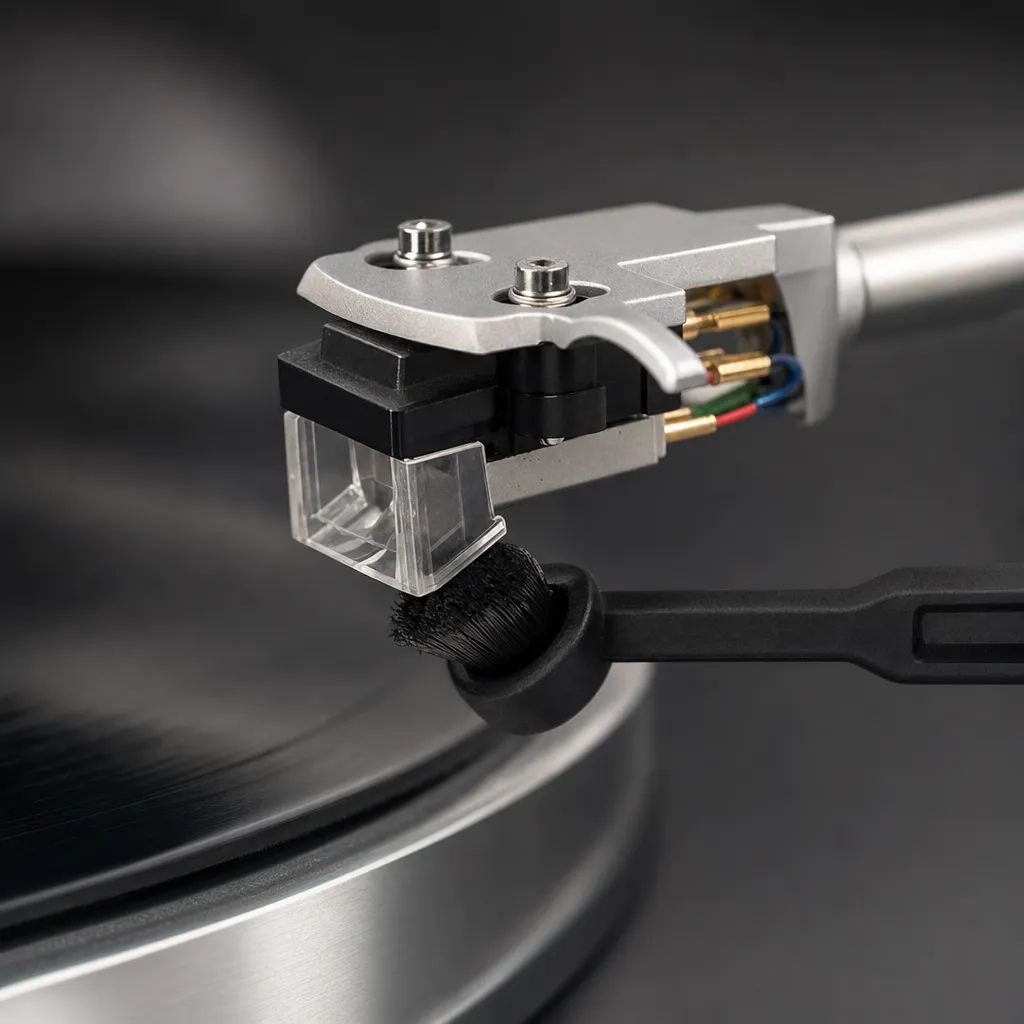 The angled stylus brush with its round head of black bristles approaching a cartridge from behind