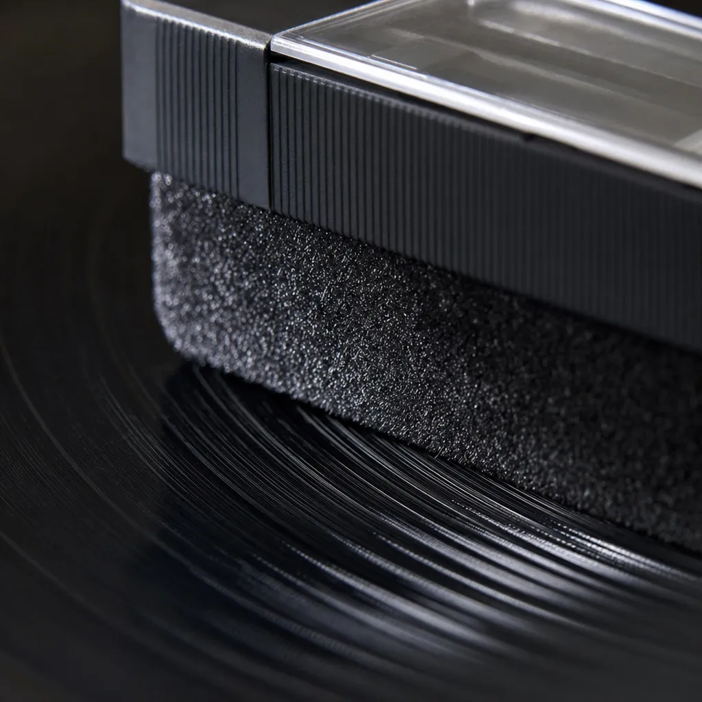 Cross-section view of the velvet face of the block lying flat across the grooves of a record